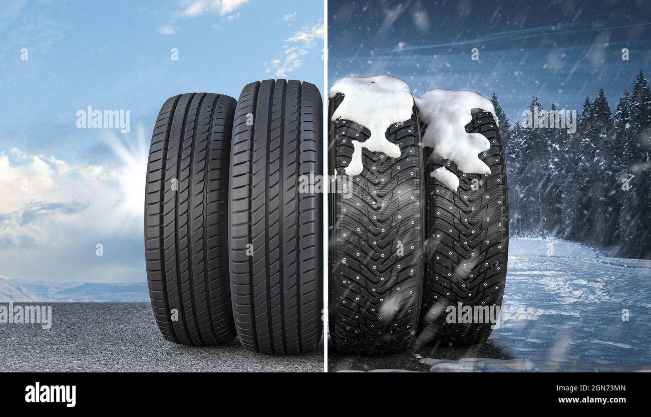 summer and winter car tires. 3d render Stock Photo