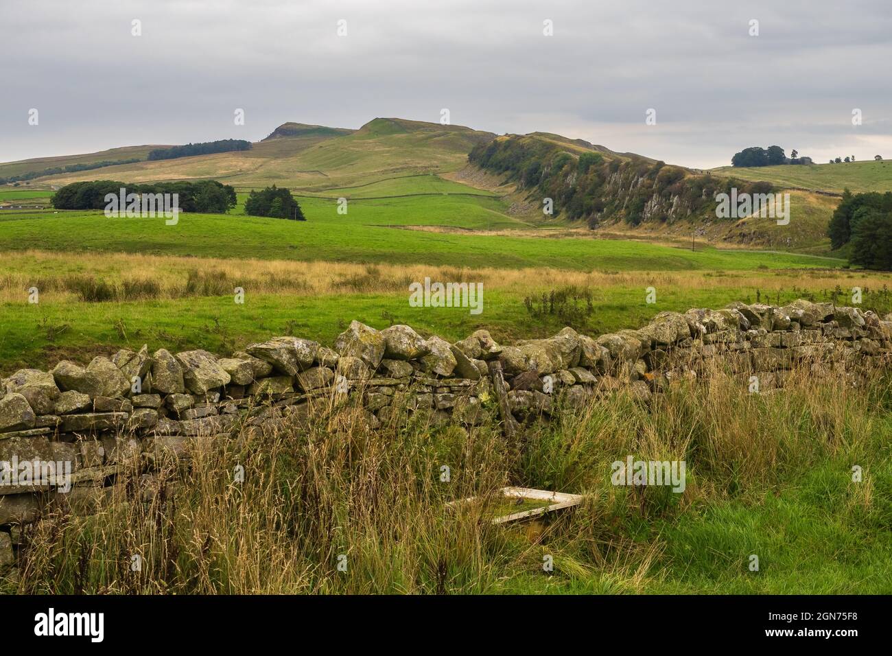 The Hadrian’s Wall Path is an 84 mile (135 km) long National Trail stretching coast to coast across northern England, from Wallsend, Newcastle upon Ty Stock Photo