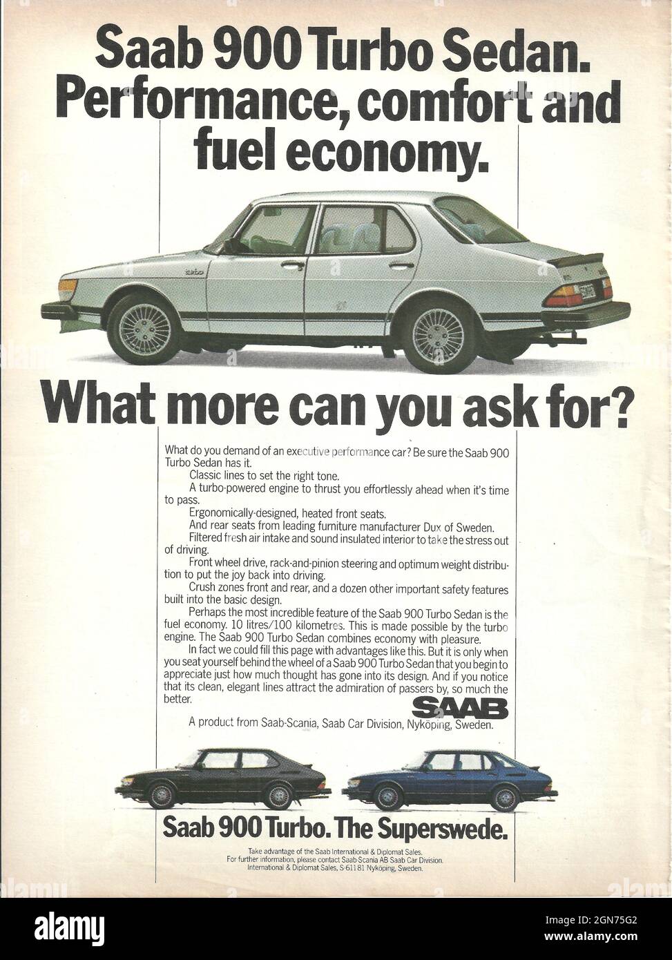 Vintage advertisement of SAAB cars from Sweden old car 1970s 1980s Stock Photo