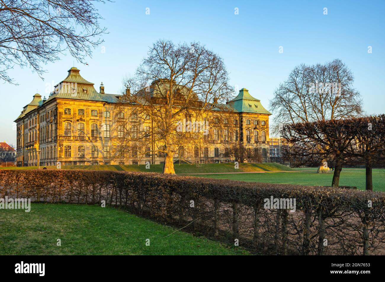 Dresden, Saxony, Germany: The Japanese Palace on Königsufer, home of the Museum of Ethnology, seen from the back and in the evening light. Stock Photo