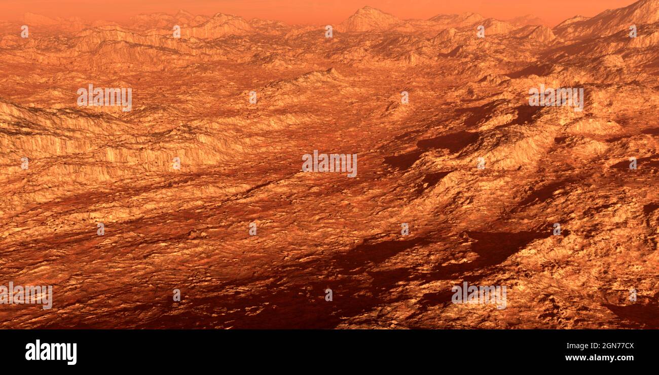 Wide view 3d illustration of a red planet with a rocky rough terrain ...
