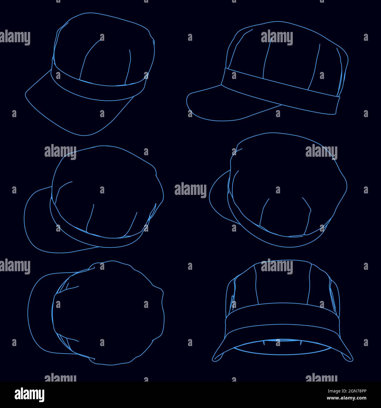 Set with contours of a cap with a visor of blue lines on a dark ...
