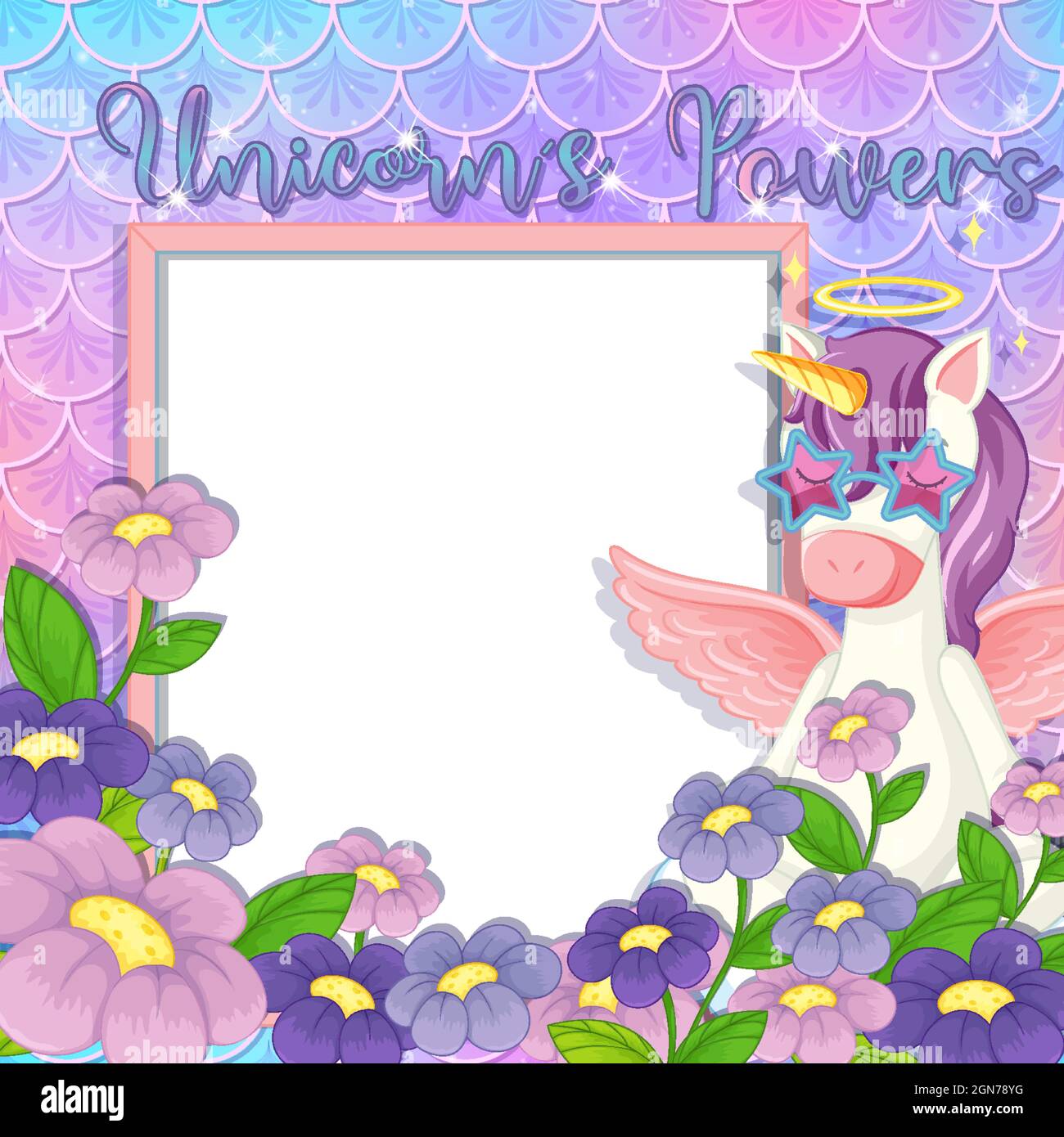 Empty banner with cute pegasus cartoon character on pastel mermaid scales  illustration Stock Vector Image & Art - Alamy
