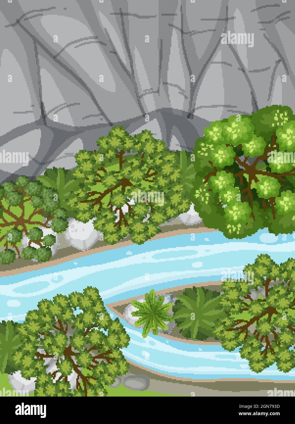 Aerial view with river through the forest landscape illustration Stock ...