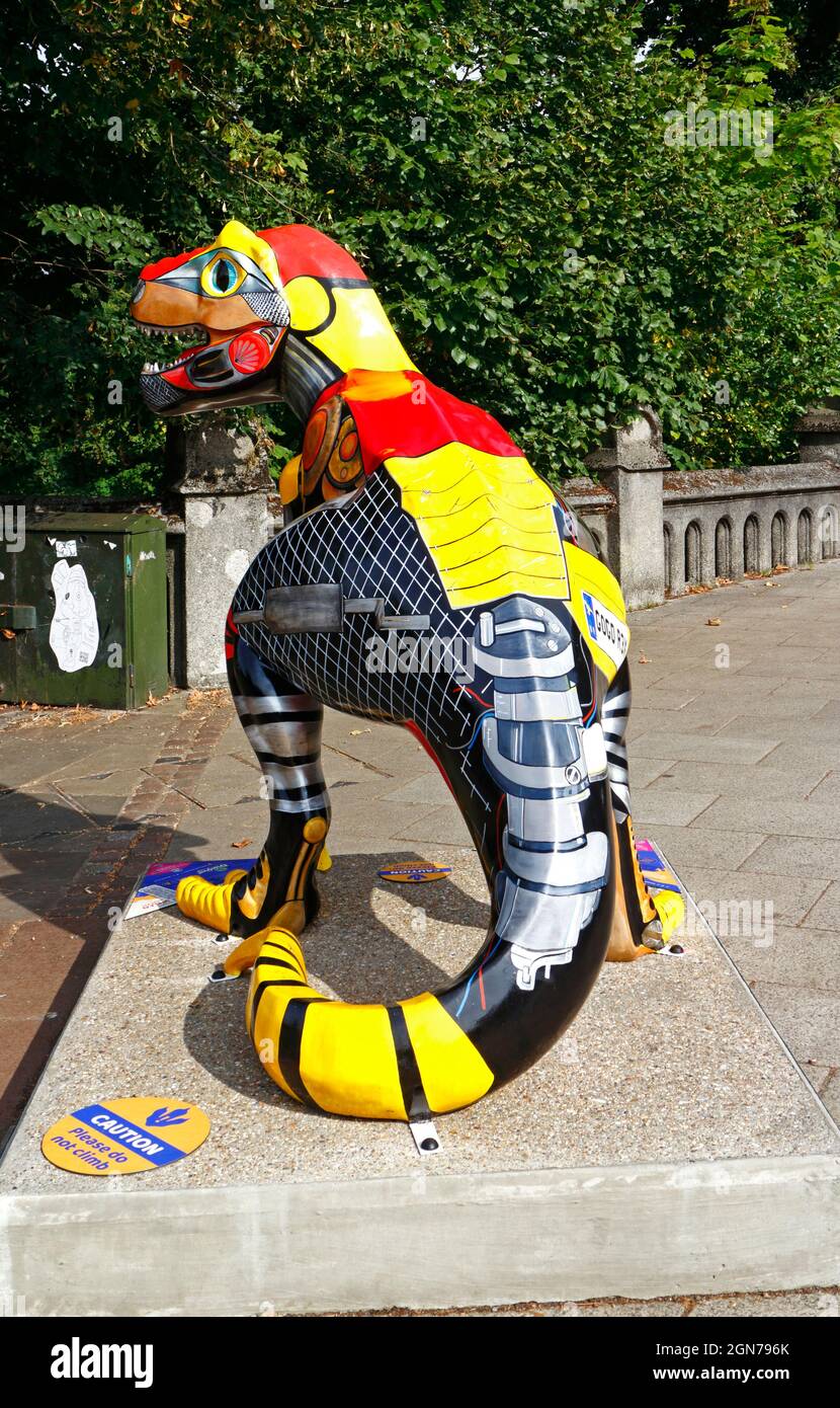 A T-Rex sculpture on the free GoGoDiscover 2021 dinosaur trail by Break charity at Riverside in the City of Norwich, Norfolk, England, United Kingdom. Stock Photo