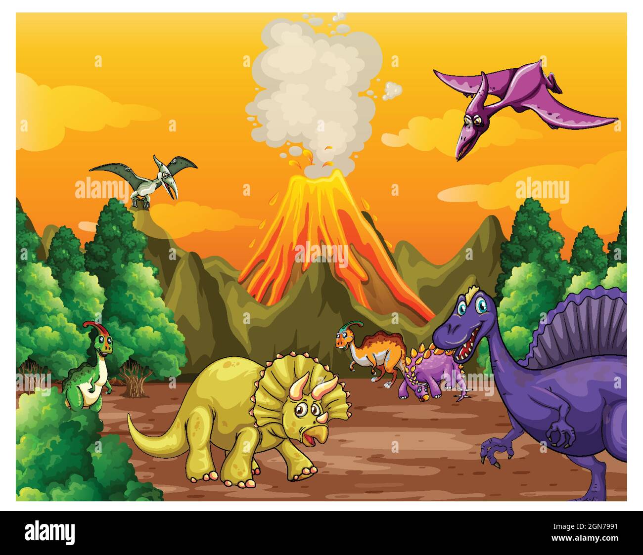 Prehistoric forest scene with various dinosaurs illustration Stock Vector
