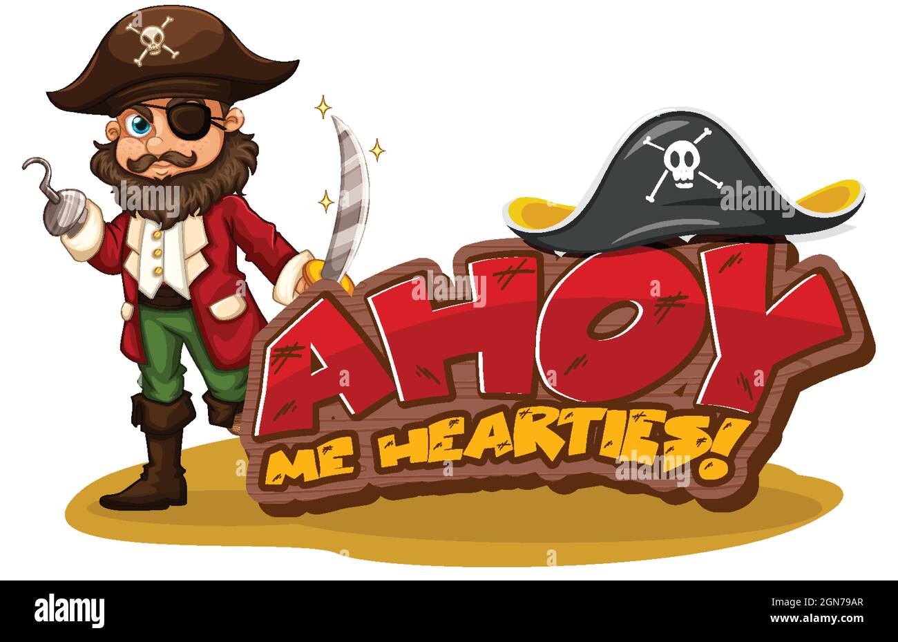 Pirate slang concept with Ahoy Me Hearties banner and a pirate cartoon character illustration Stock Vector