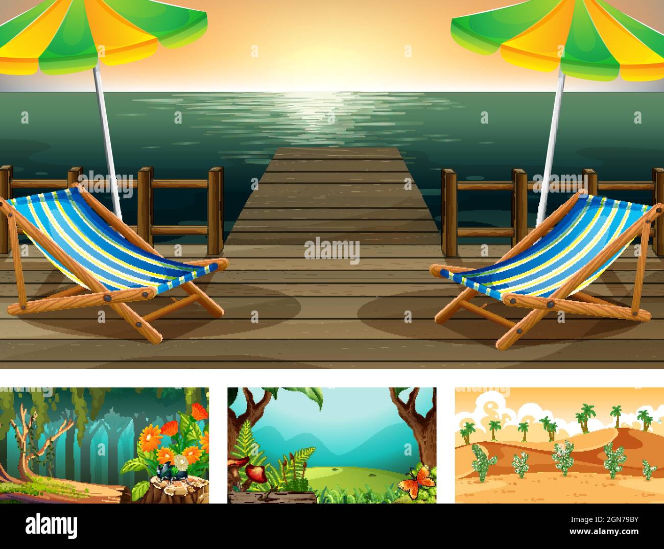 Four different nature horizontal scene  illustration Stock Vector
