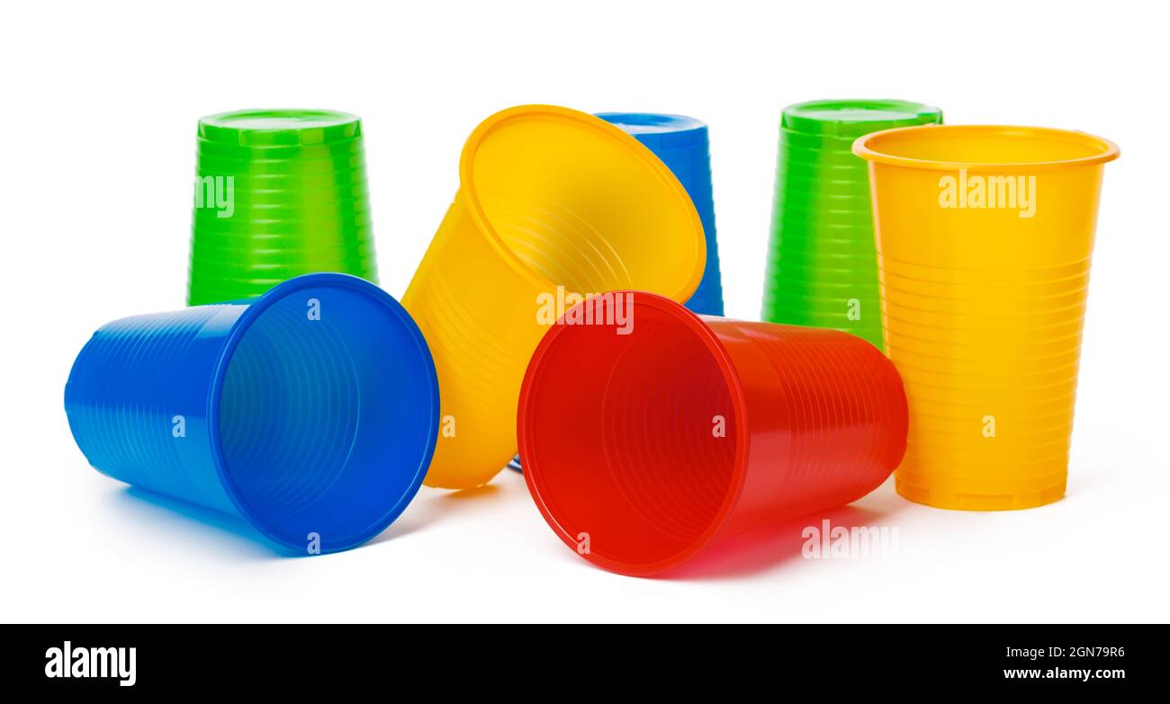 Colored disposable cups for drinks isolated on white Stock Photo