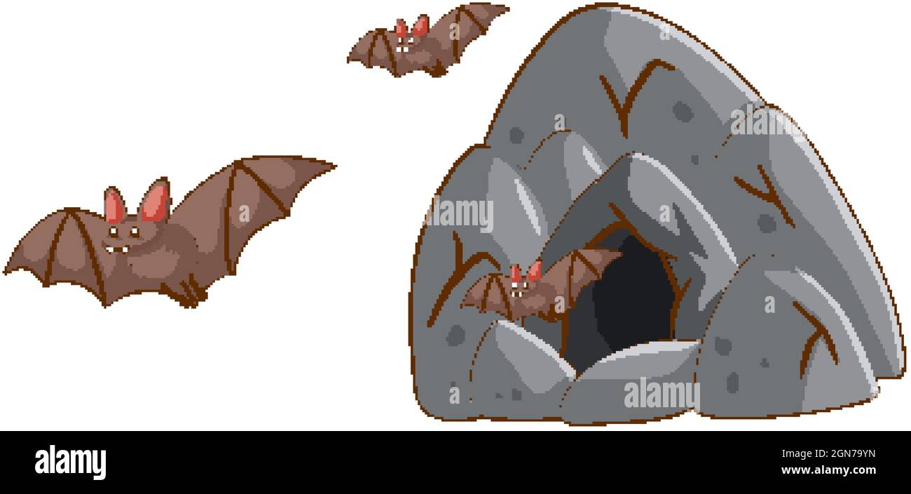 Bats flying out of the cave on white background illustration Stock ...