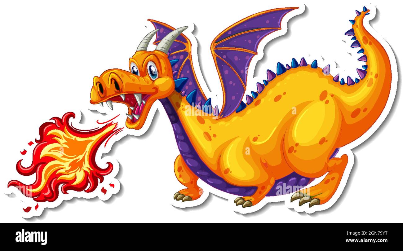 Dragon blowing fire cartoon character sticker illustration Stock Vector