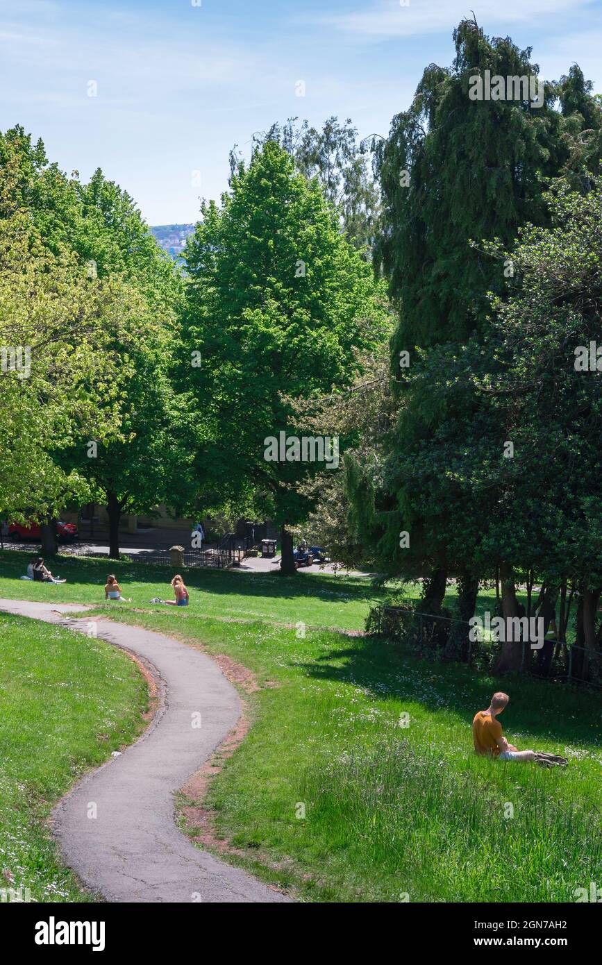Brandon Hill Park Bristol, view in summer of people relaxing in Brandon Hill Park, a popular green space in the centre of Bristol, England Stock Photo