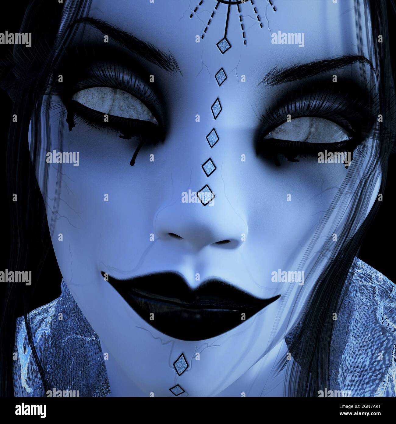 Close 3d illustration of the head of a blue hued zombie woman with elaborate facial tattoos on a black background. Stock Photo