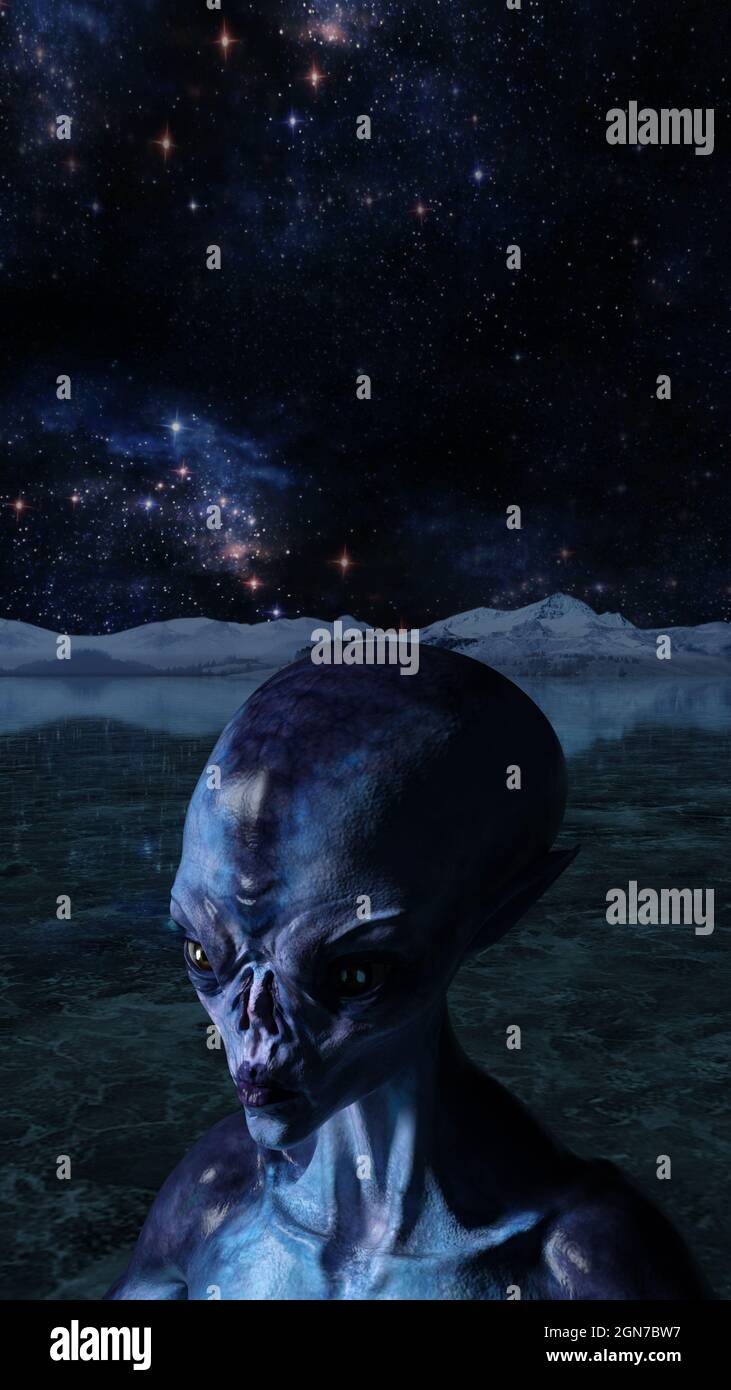 3d illustration of an extraterrestrial on an icy alien world with the ...
