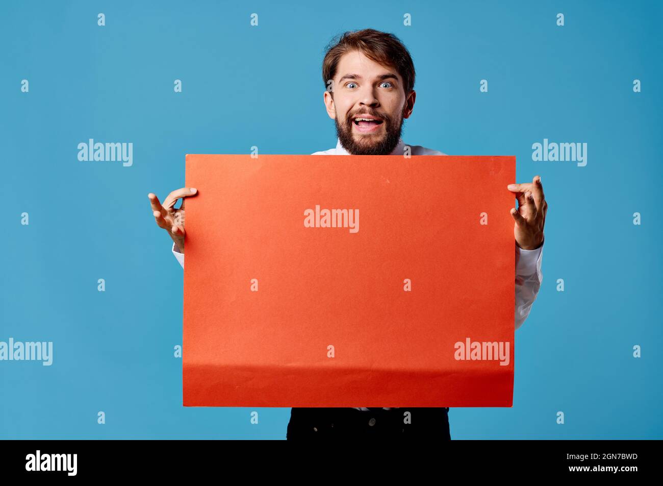 businessmen Red sheet presentation advertising blue background Stock