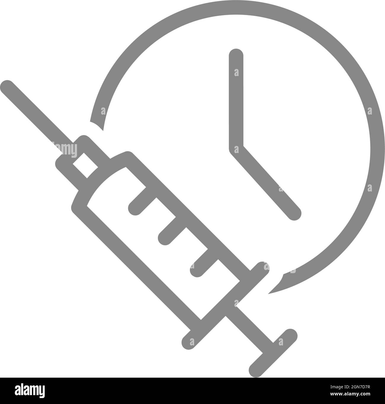 Medical syringe and watch line icon. Vaccination time, injection ...