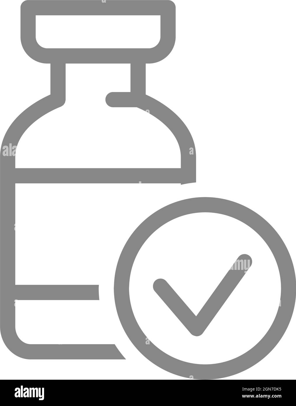 Medical ampoule and check mark line icon. Treatment, vaccine, serum