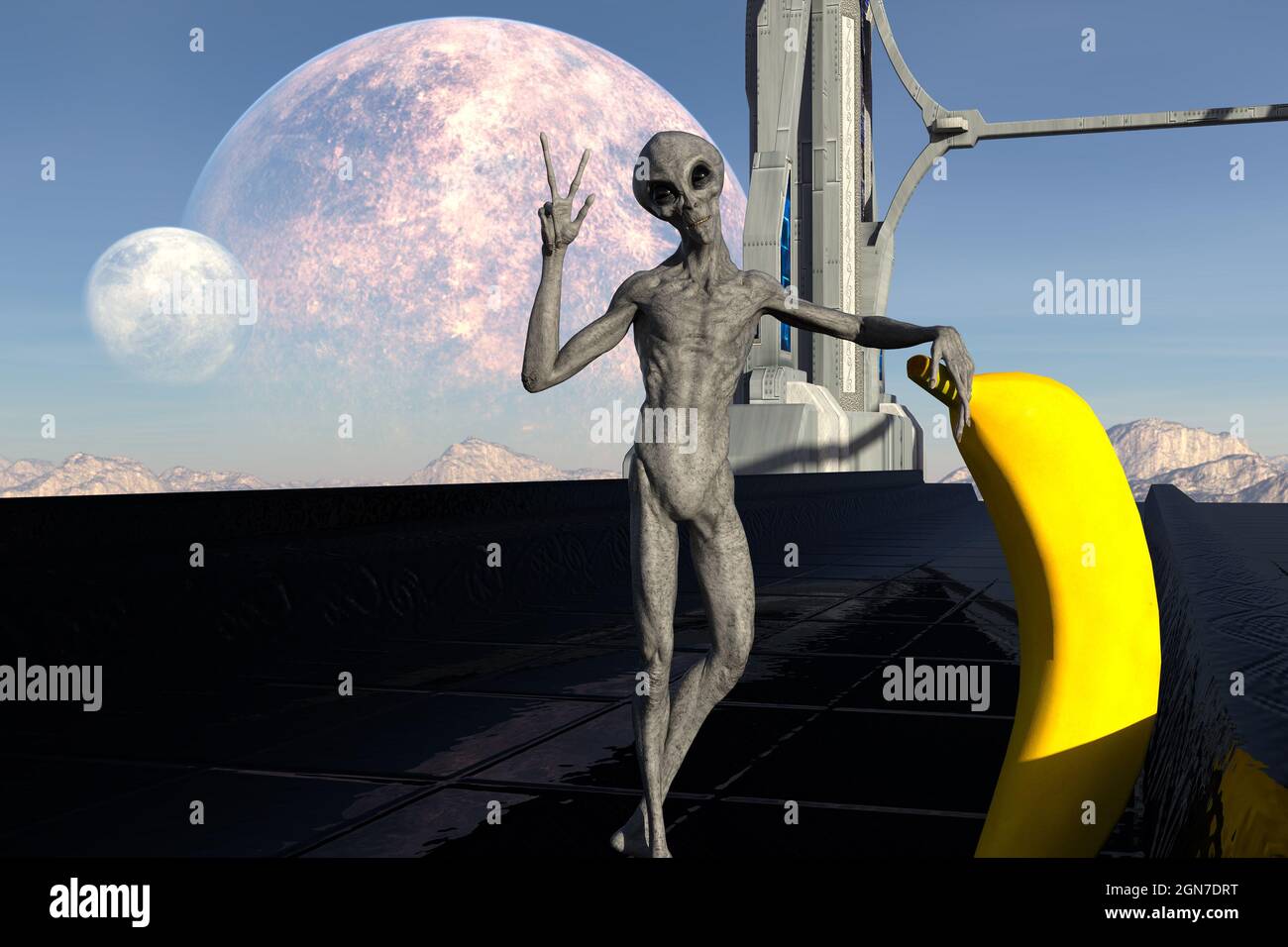 3d illustration of a grey alien gesturing forward with a peace sign while leaning on a very large banana in an extraterrestrial setting with moons in Stock Photo