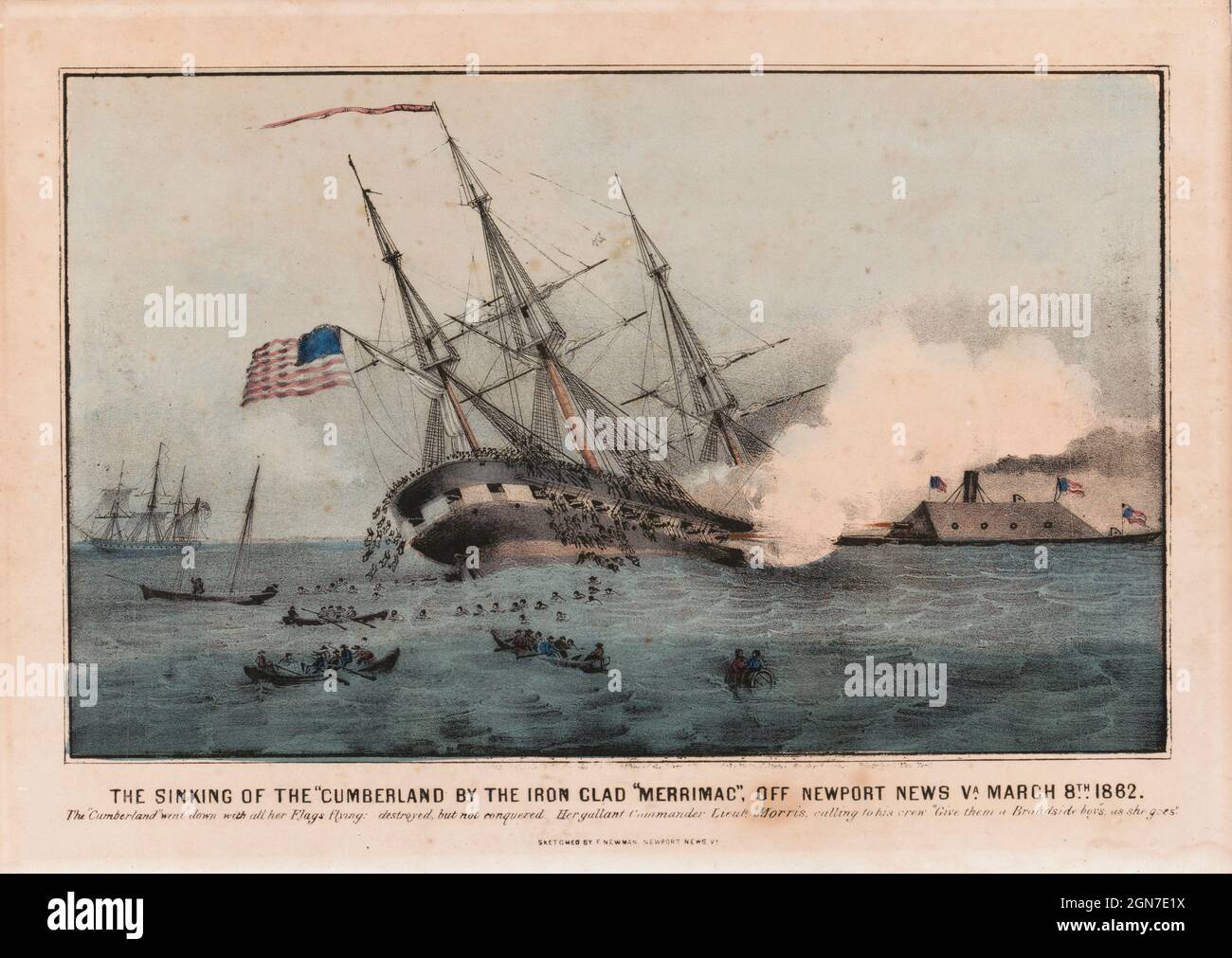 Vintage illustration circa 1862 of the Confederate casemate ironclad CSS Virginia/CSS Merrimack sinking the frigate USS Cumberland off Newport News Virginia during the Battle of Hampton Roads on March 8th 1862 Stock Photo