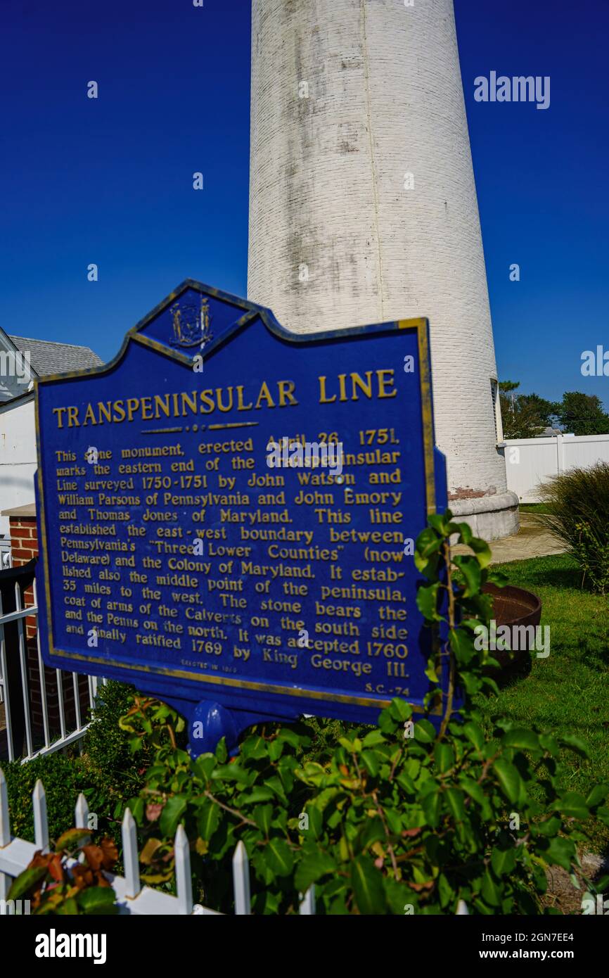 Fenwick Island, DE, USA – September 19, 2021: The historic marker at the Fenwick Island Lighthouse in Delaware at the Maryland and Delaware Border alo Stock Photo