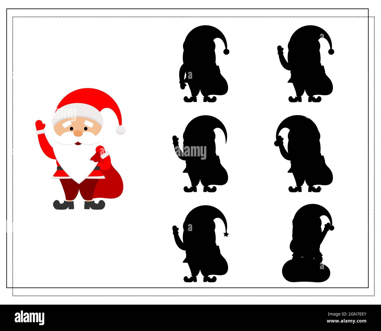 A logical game for children, find the right shadow. cartoon santa with ...