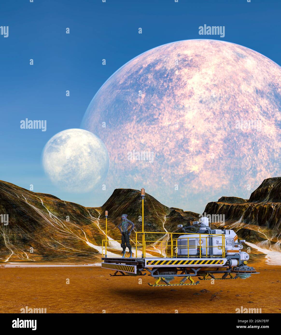 3d illustration of an extraterrestrial standing on a mining platform with a planet and moon rising in the background. Stock Photo