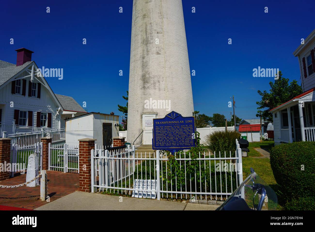 Fenwick Island, DE, USA – September 19, 2021: The historic marker at the Fenwick Island Lighthouse in Delaware at the Maryland and Delaware Border alo Stock Photo