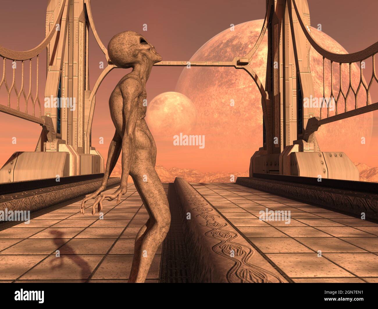 3d illustration of a grey alien leaning back while looking up on a ...