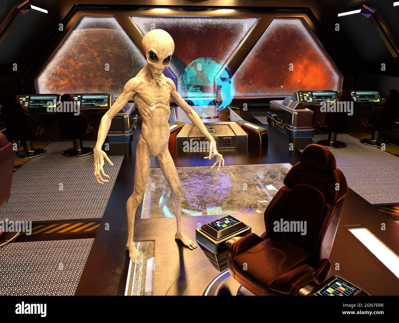 3d illustration of a grey alien looking at a holographic map of the ...