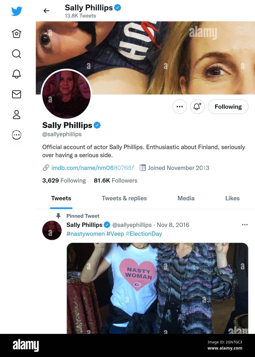 Twitter page (Sept 2021) of Sally Phillips, British actor and comedian Stock Photo