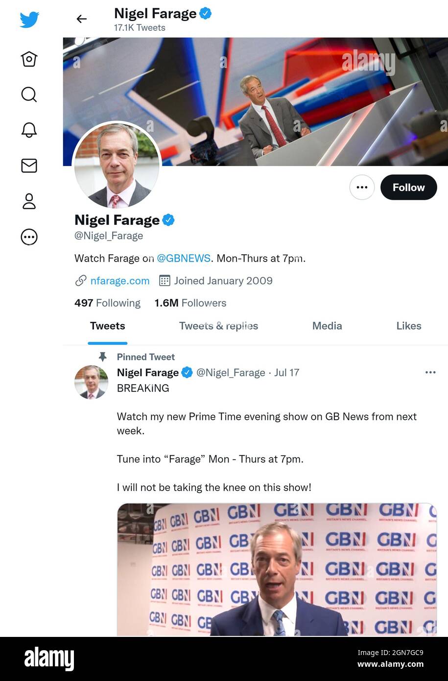 Twitter page (Sept 2021) of Nigel Farage, founder of several political parties Stock Photo