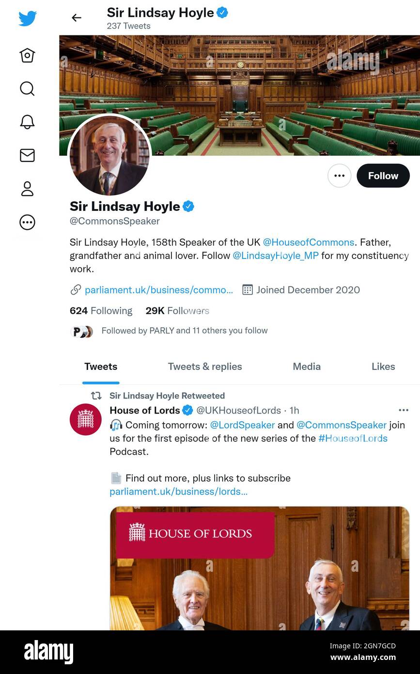 Twitter page (Sept 2021) of Sir Lindsay Hoyle, Speaker of the House of Commons. Stock Photo