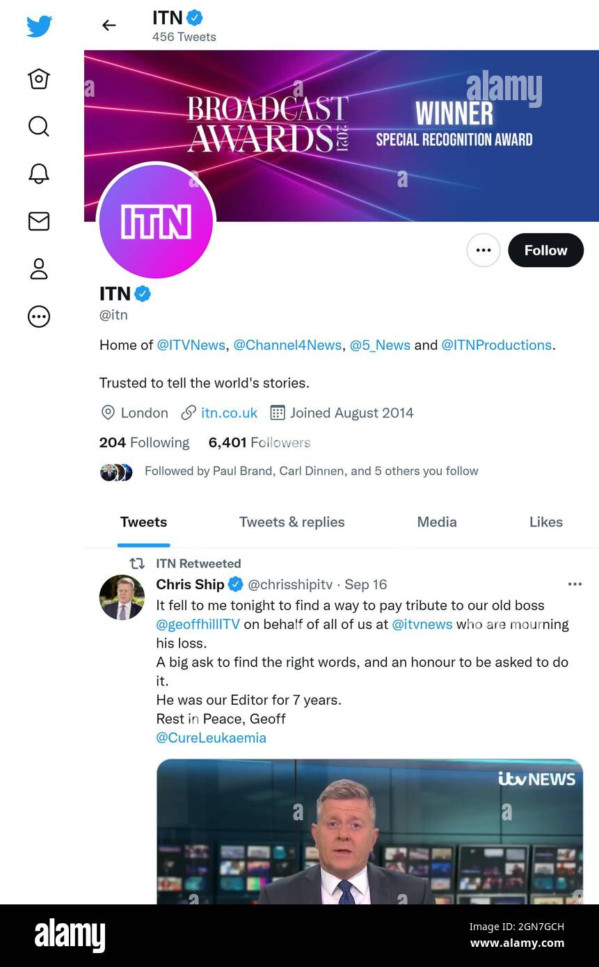 Twitter page (Sept 2021) of ITN (ITV News - UK) Stock Photo