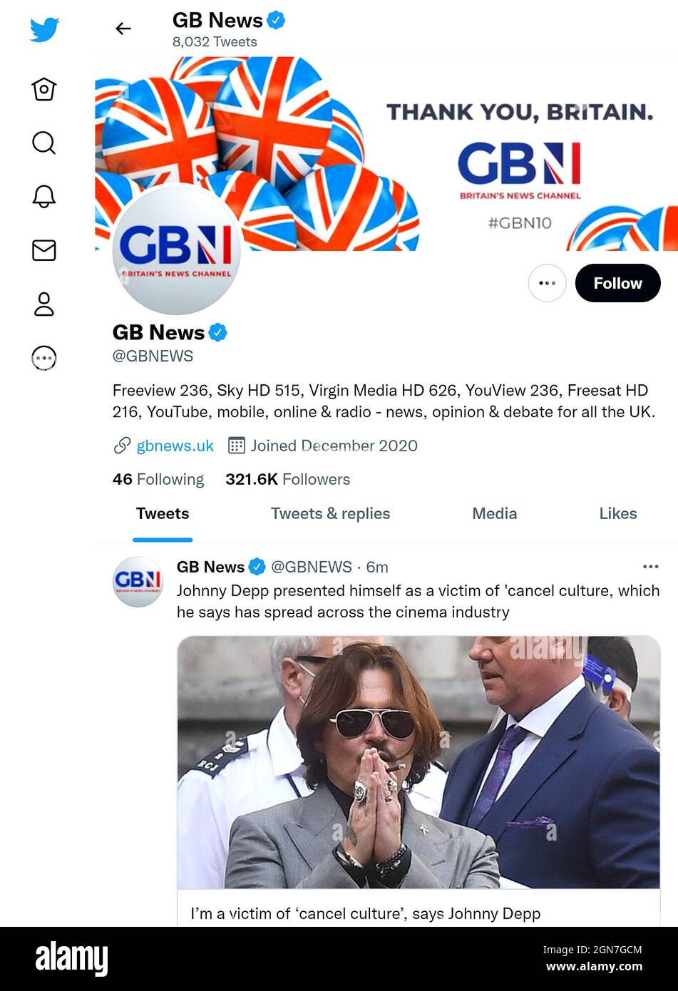 Twitter page (Sept 2021) of GB News Stock Photo