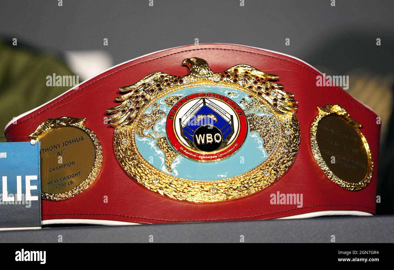 The Heavyweight Champion belt of Anthony Joshua a press conference at the Tottenham Hotspur Stadium, London. Picture date: Thursday September 23, 2021 Stock Photo Alamy
