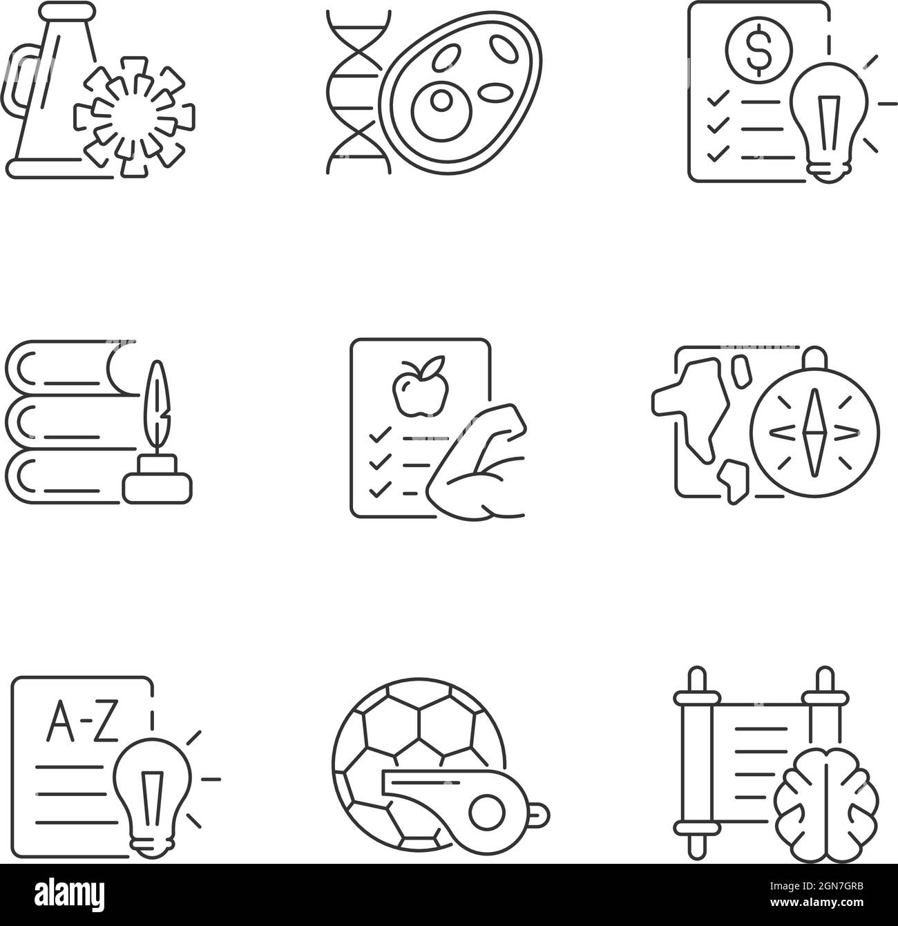 Various school subjects linear icons set Stock Vector