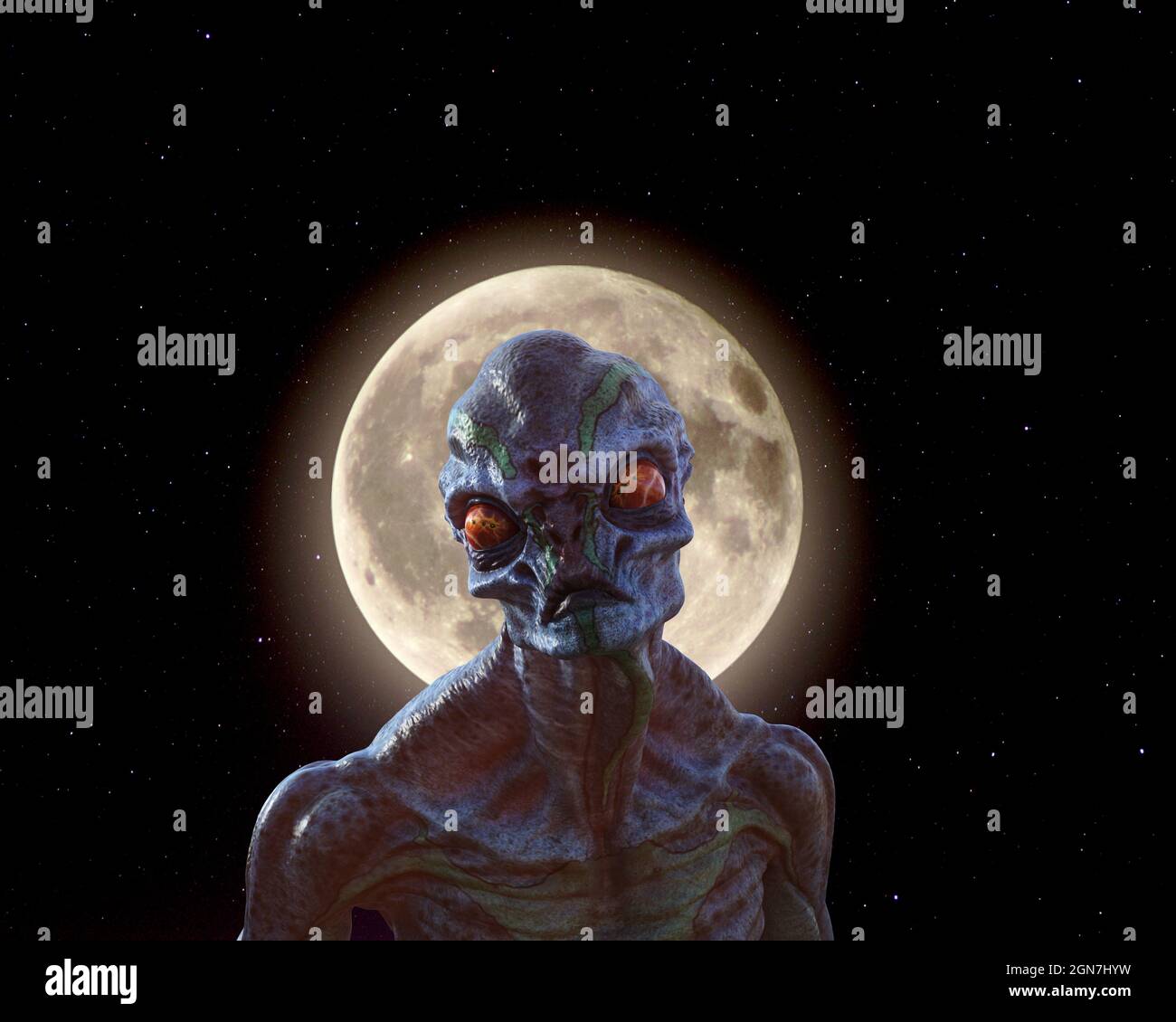 3d Illustration Of An Ugly Alien With Orange Red Eyes And No Ears Looking Forward With A Full Moon In Space In The Background Stock Photo Alamy