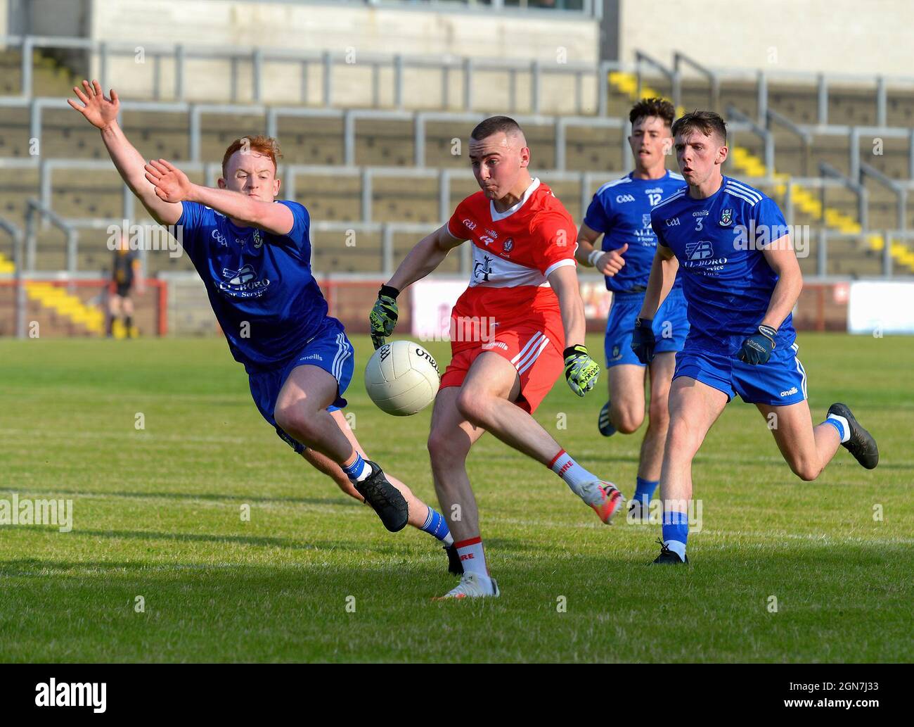 GAA football under 20 inter county game Derry (in red) v Monaghan. ©George Sweeney / Alamy Stock Photo Stock Photo