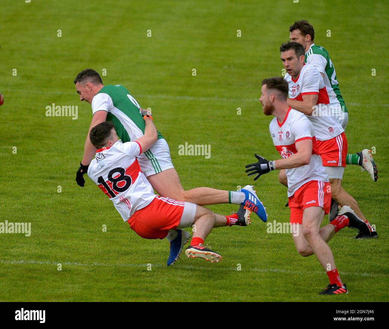 GAA football under 20 inter county game Derry (in red) v Fermanagh. ©George Sweeney / Alamy Stock Photo Stock Photo