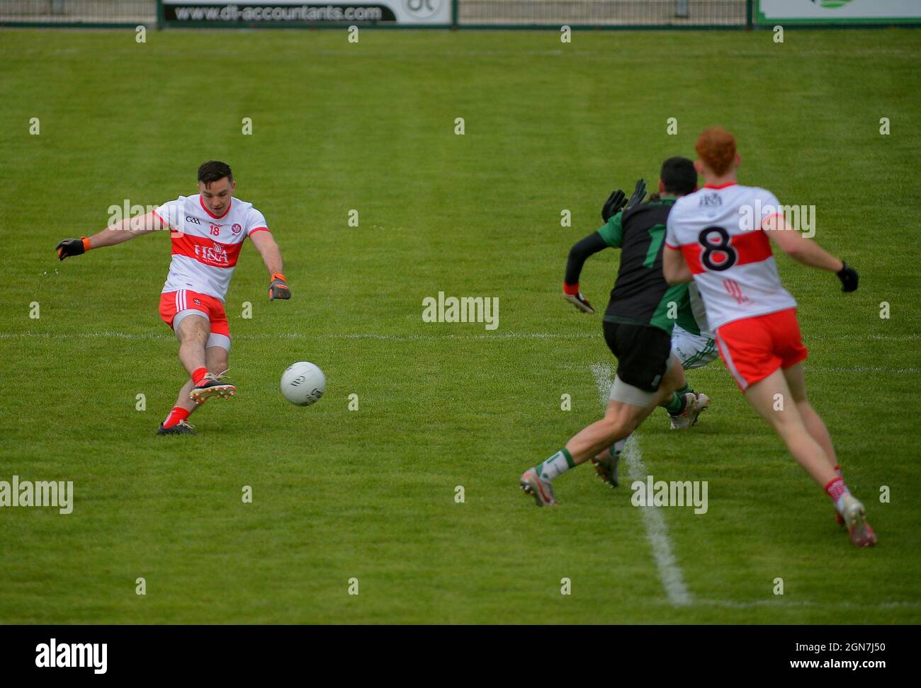 GAA football under 20 inter county game Derry (in red) v Fermanagh. ©George Sweeney / Alamy Stock Photo Stock Photo
