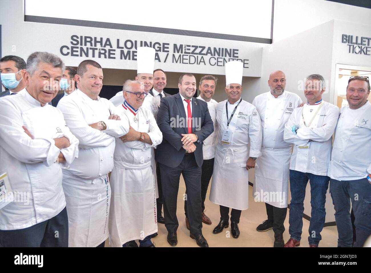 Regis Marcon, Christophe Marguin, Joseph Viola, Gilles Reinhardt, Guillaume Gomez, Jerome Bocuse, Philippe Bernachon, Mathieu Vianney attending the inauguration of Sirha 2021 in Lyon, France on September 23, 2021. Photo by Julien Reynaud/APS-Medias/ABACAPRESS.COM Stock Photo
