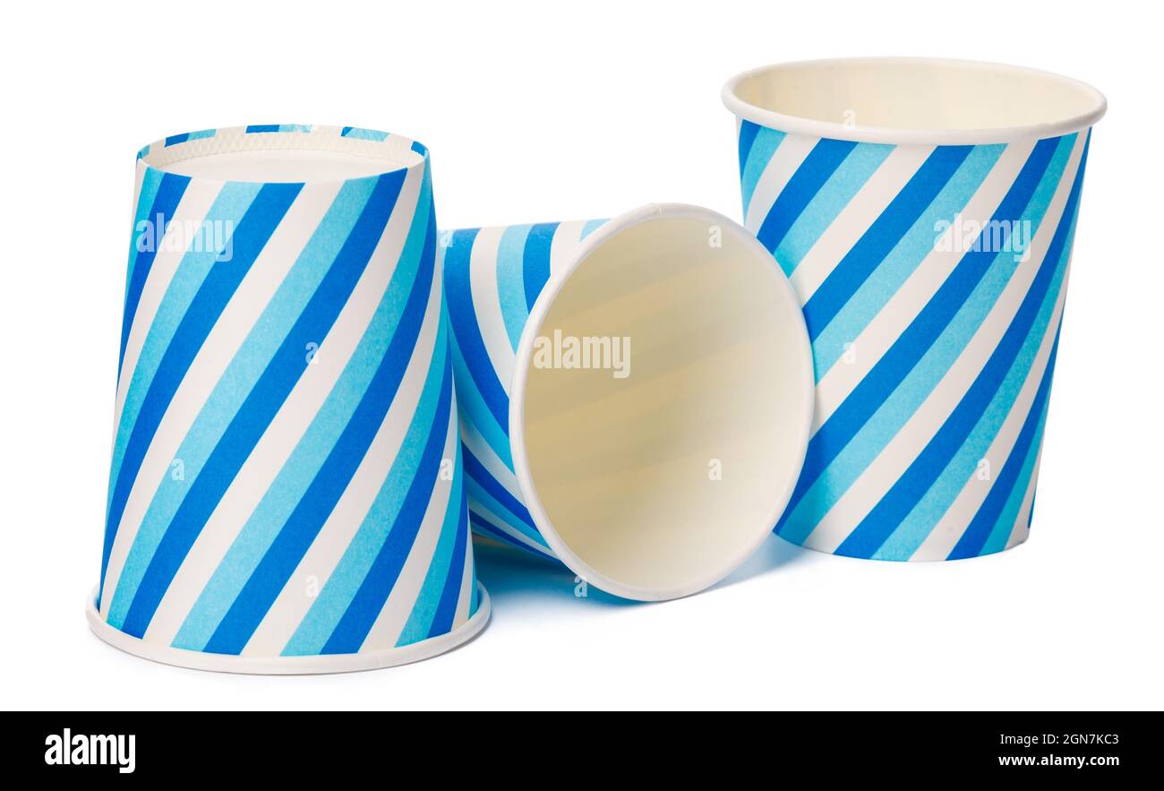 Cardboard cups decorated with blue lines pattern isolated on white ...
