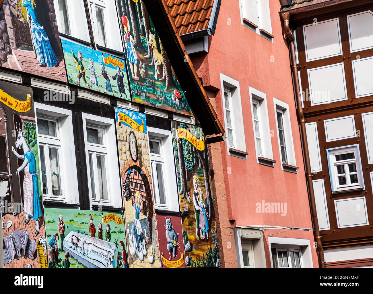 STEINAU, GERMANY- SEPTEMBER 21, 2021: Picturesque painted house with scenes from the Grimm fairy tales, close to the House of the Brothers Grimm. Stock Photo