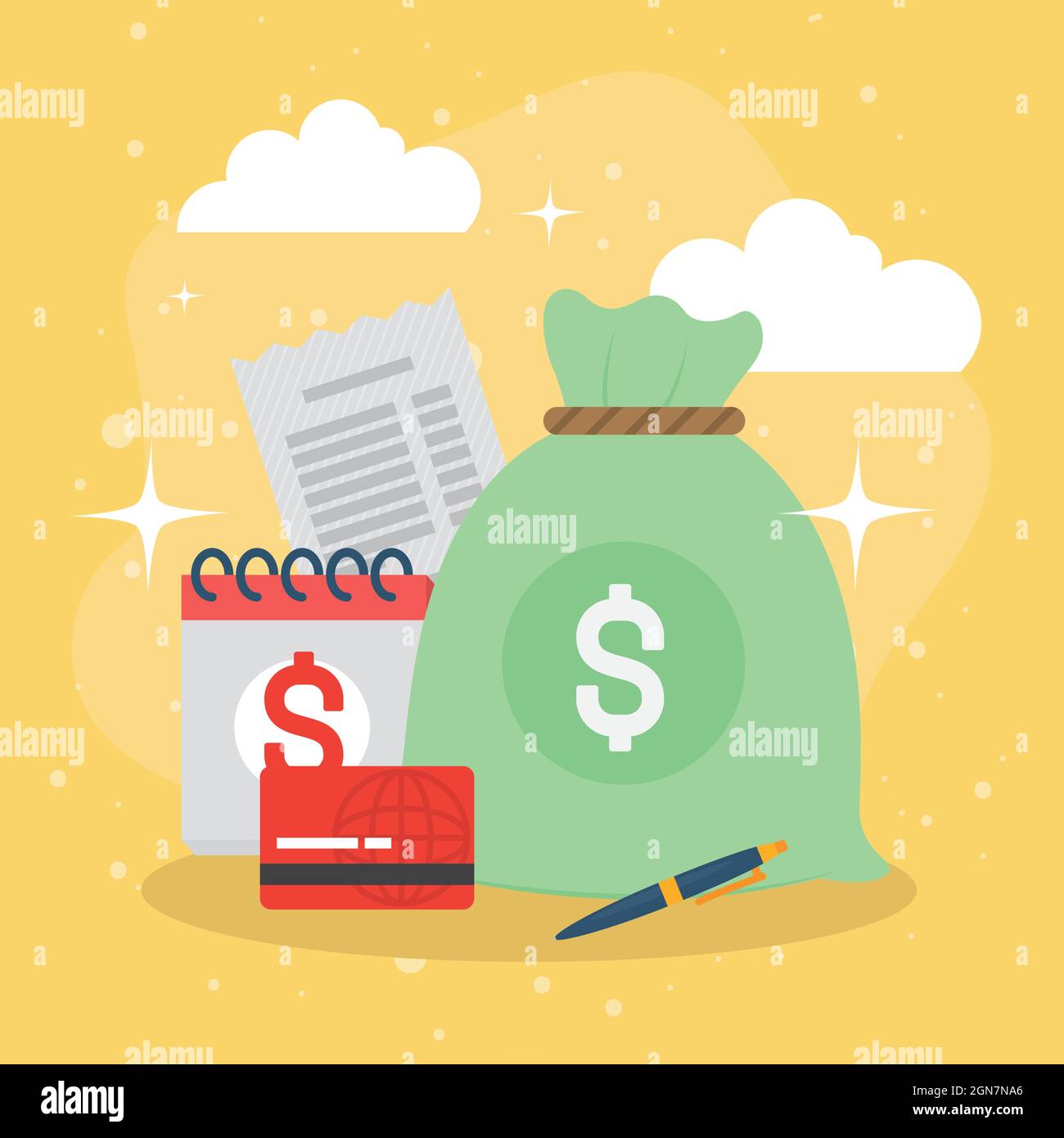 money bag icons and tax calendar on yellow background Stock Vector ...