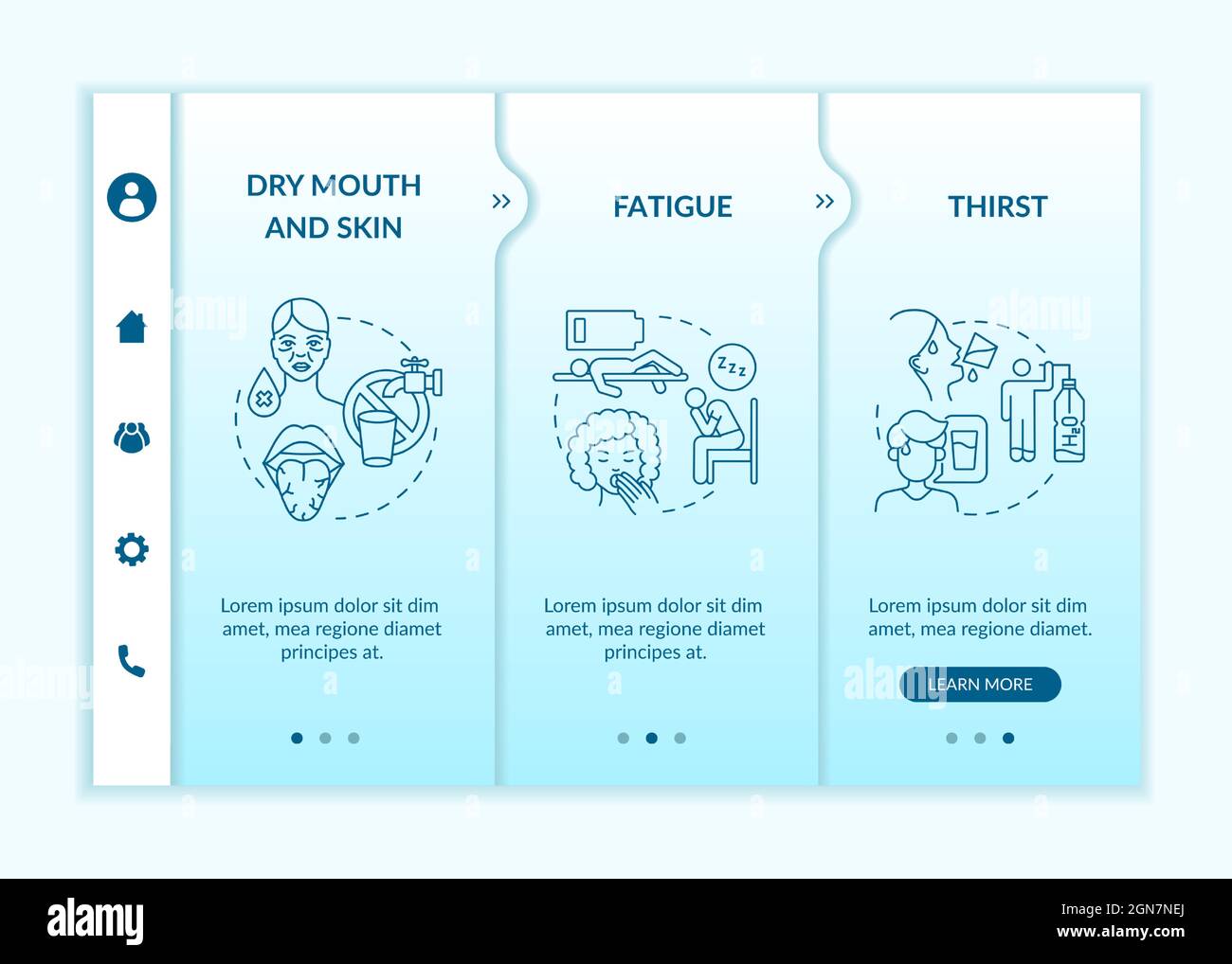 Dehydration symptoms blue gradient onboarding vector template Stock Vector