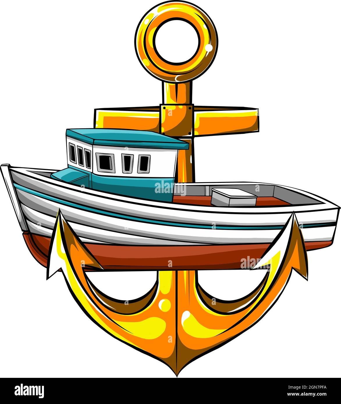 vector illustration of fish-boat with anchor cartoon caricature