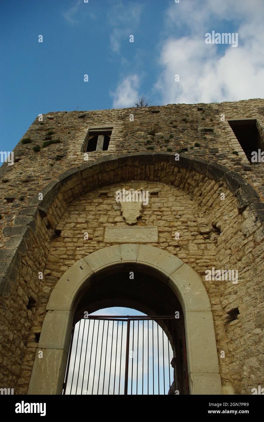 Entrance of the Castle of Castropignano with noble coat of arms. Molise, Italy Stock Photo