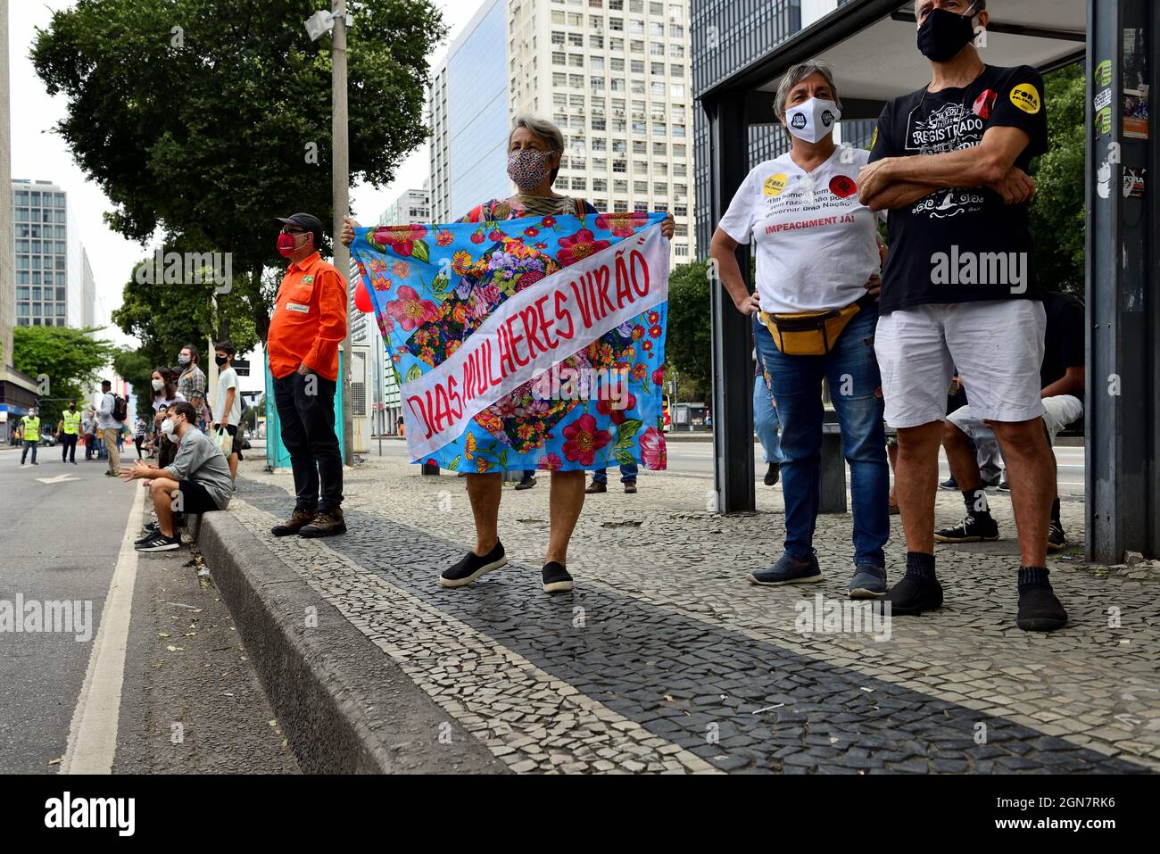 Brazil–September 7, 2021: Protesters gathered in central Rio de Janeiro calling for the country’s far-right president, Jair Bolsonaro, to be impeached Stock Photo