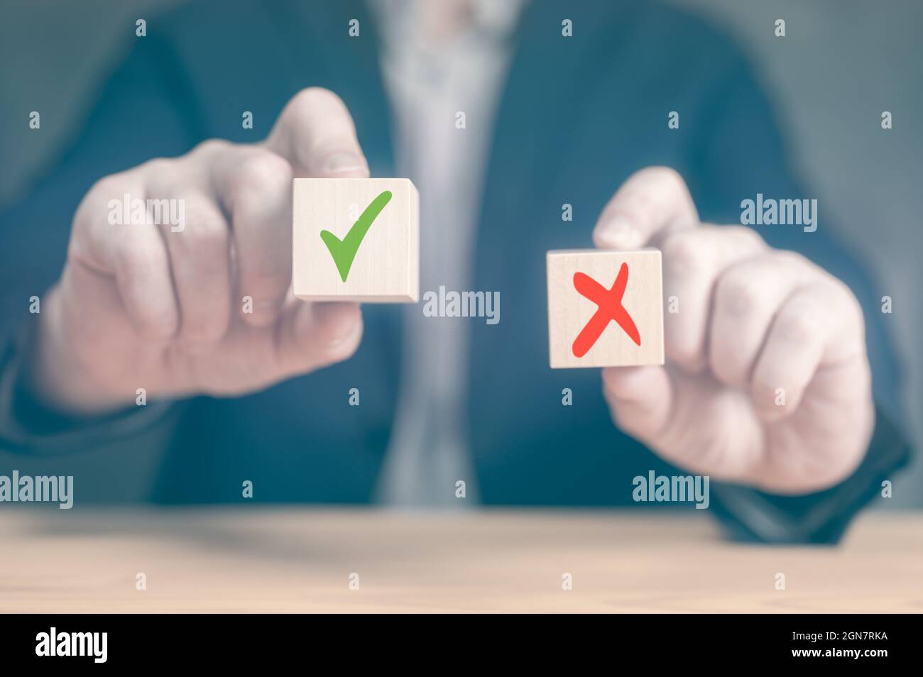Accept and Decline. making decision pros and cons. Choices Tick Yes No Choose Mark Decision. businessman makes decision, Hands of businessman chooses Stock Photo