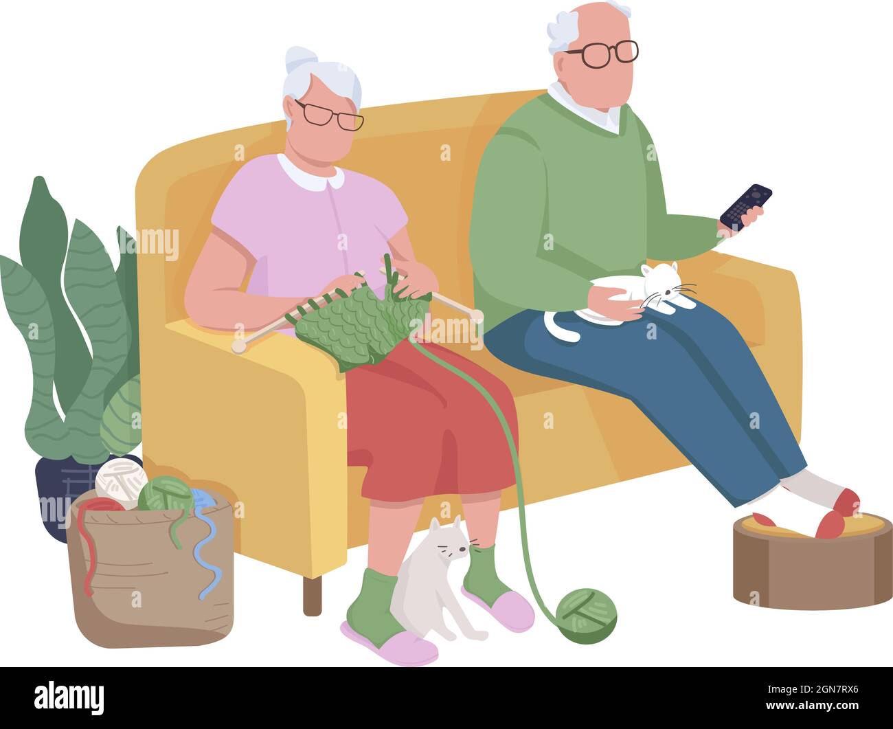 Pensioners on couch semi flat color vector characters Stock Vector